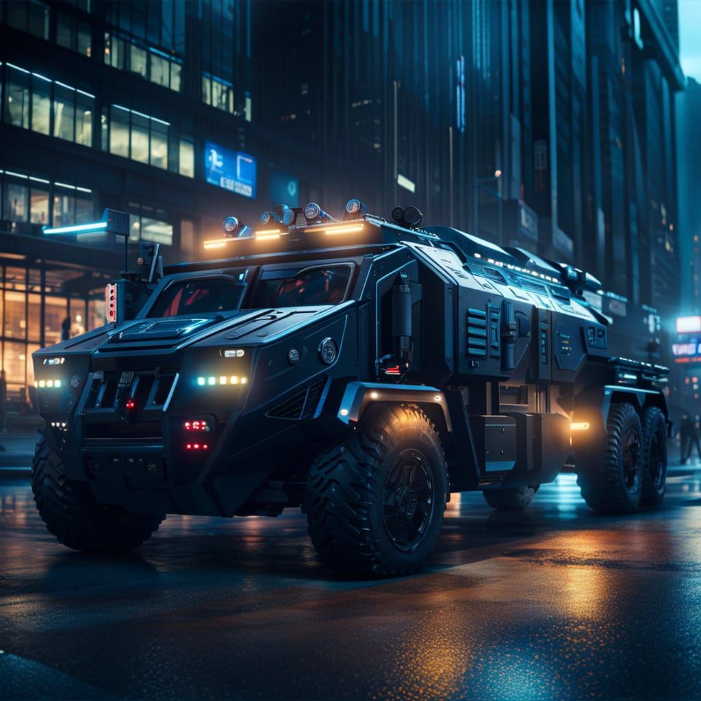 Hyperdetailed Sci-Fi SWAT Truck in Cel-Shaded Style