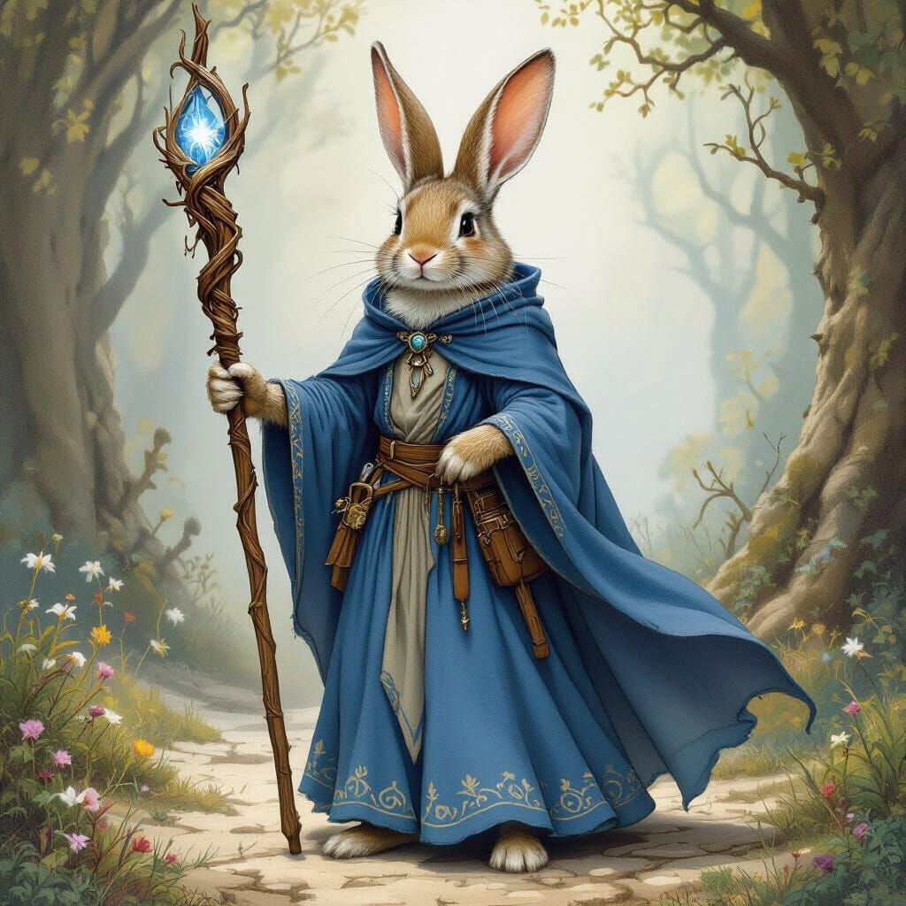 Enchanted Rabbit Mage with Scepter, Fantasy Illustration
