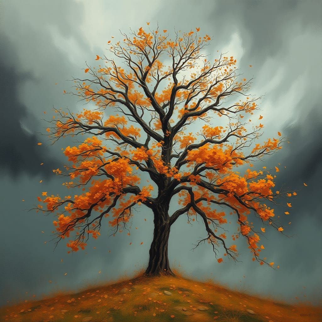 Turbulent Autumn Storm Bends a Lone Tree