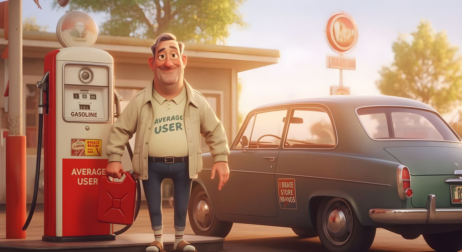 Average User at Gas Station in Pixar Style