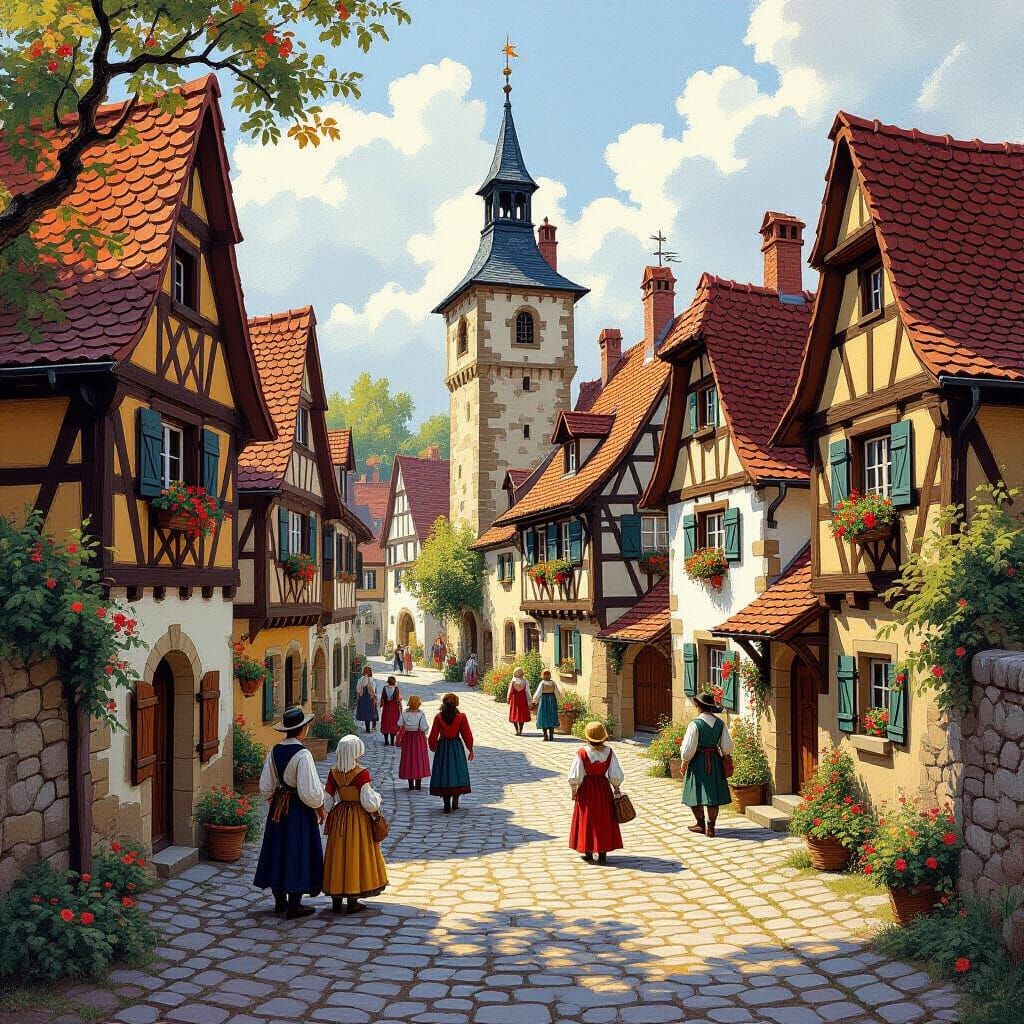 Medieval German Village in Oil Painting Style