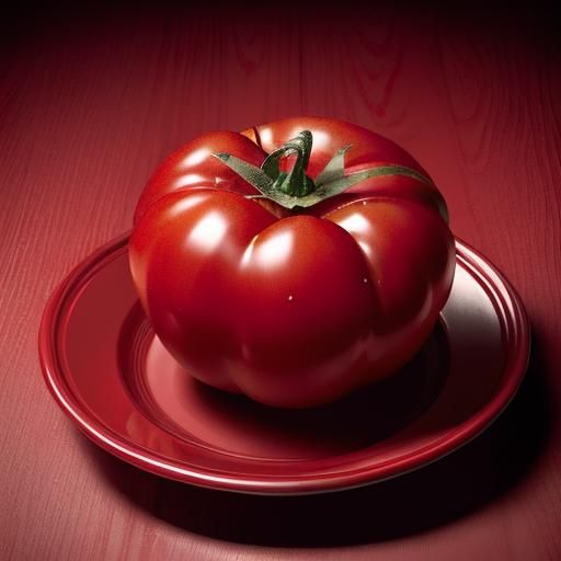 Hyperrealistic Red Tomato Slice on Red Plate