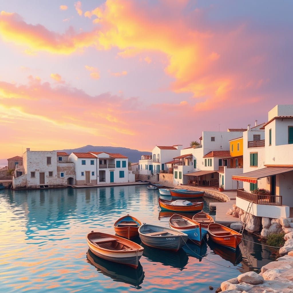 Surreal Greek Waterside Village at Sunset