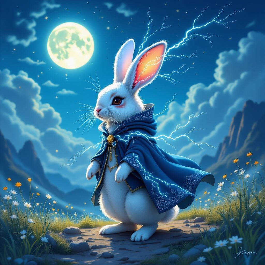 Magical Rabbit Journeying Under a Mystical Moonlit Sky