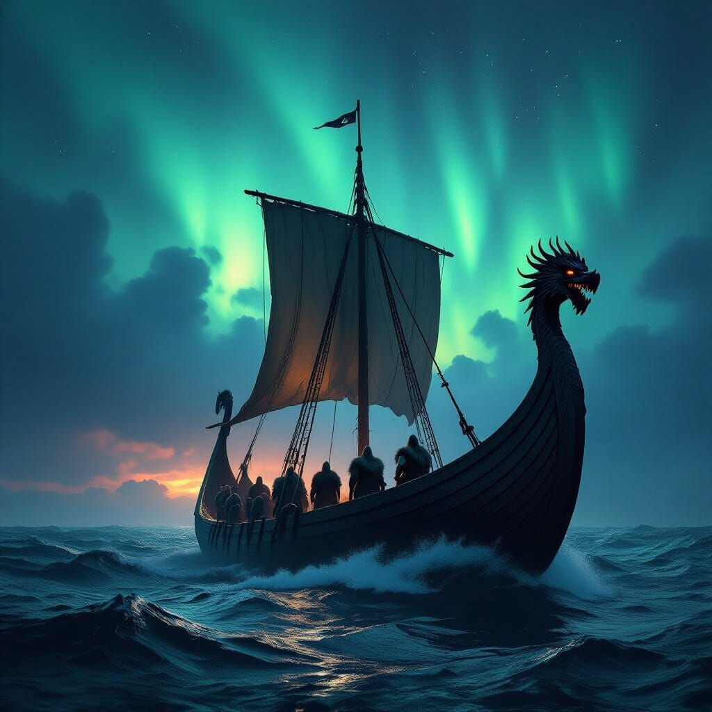 Viking Longship Battles Storm Under Aurora Borealis