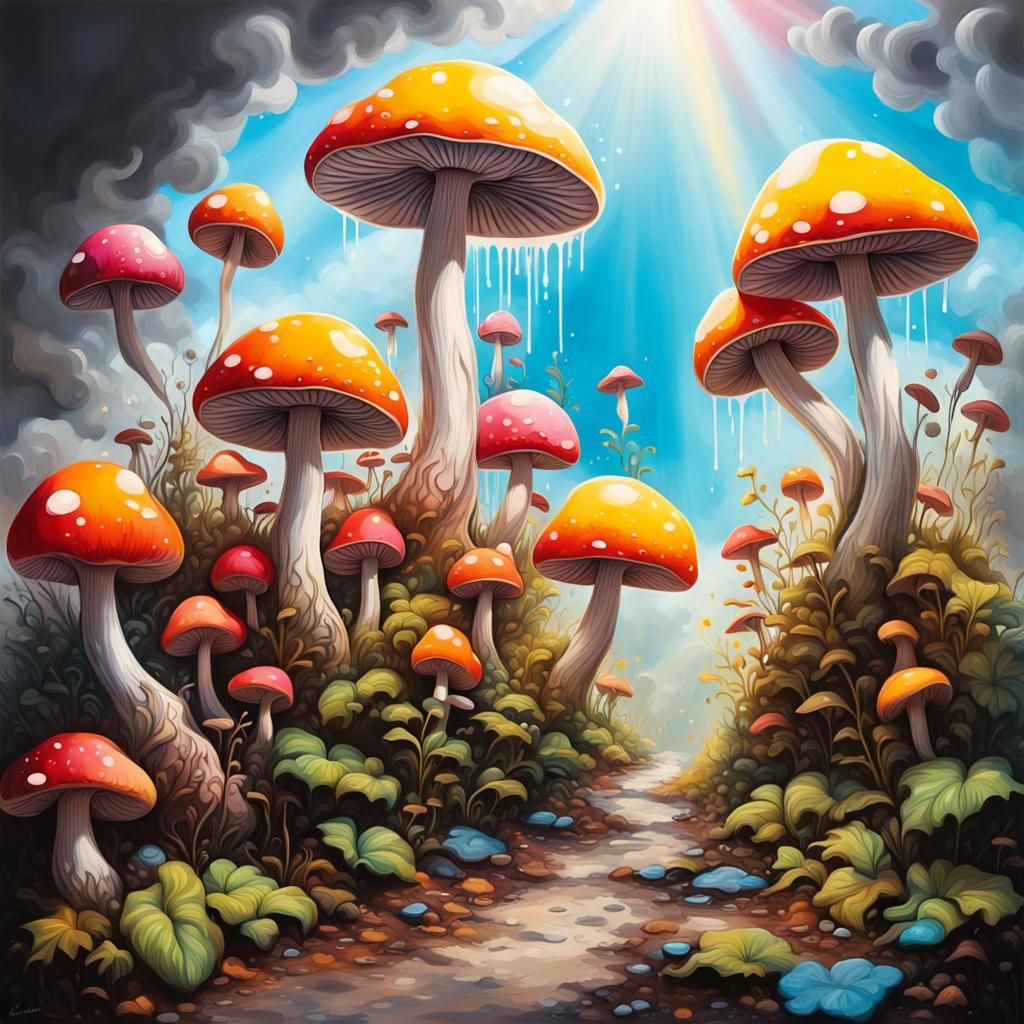 Magical Mushroom Plants in Graffiti Art Style