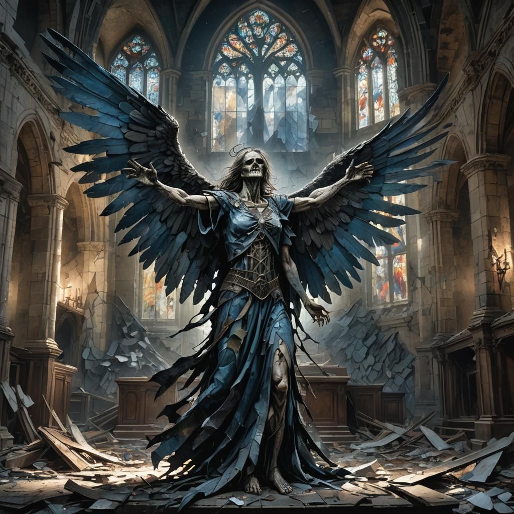 Zombie Angel in Ruined Church: Dark Fantasy Art