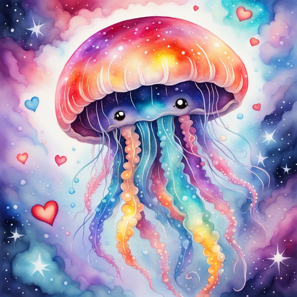 Sparkling Jellyfish in Galactic Nebula: Watercolor Painting