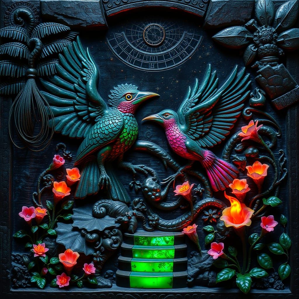 Ammolite Gargoyle Relief in Night Garden
