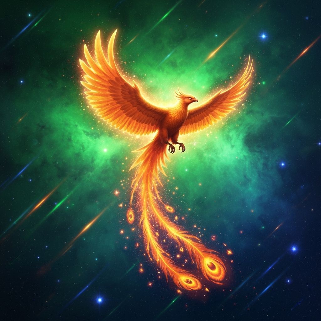 Majestic Phoenix Soaring Through Vibrant Nebula in Digital M...