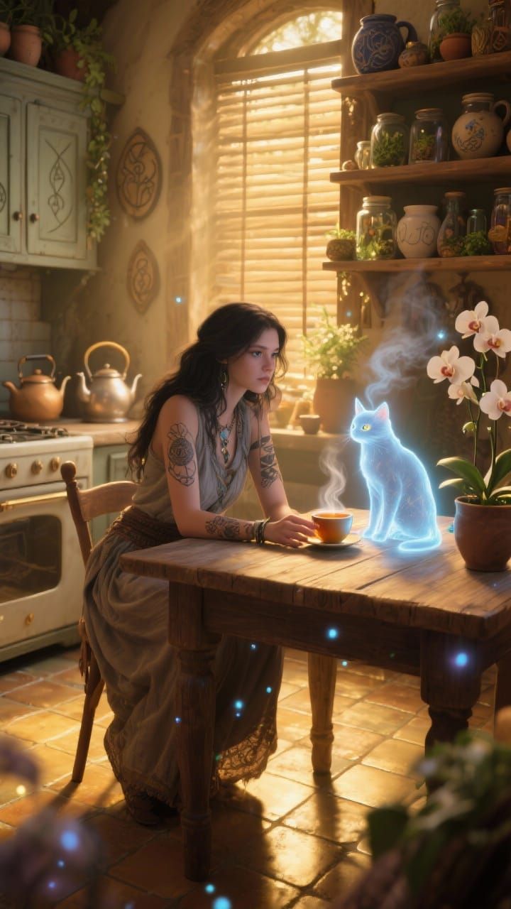 Magical Cozy Kitchen Scene with Woman and Spectral Cat