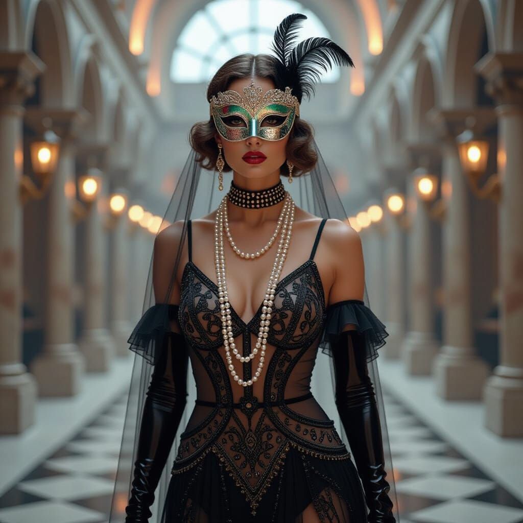 Striking Woman in Layered Attire: A Futuristic Masquerade