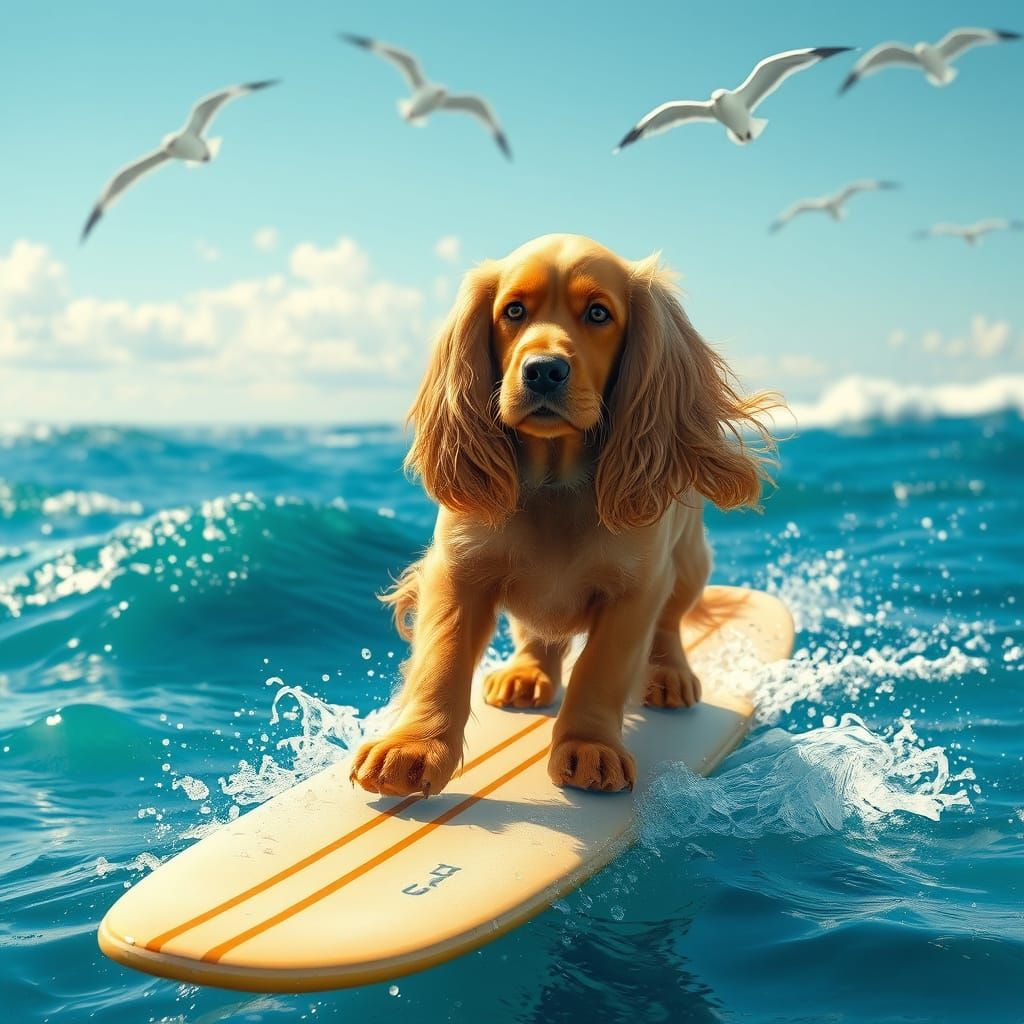 Cocker Spaniel Rides Surfboard in Golden Sunlight