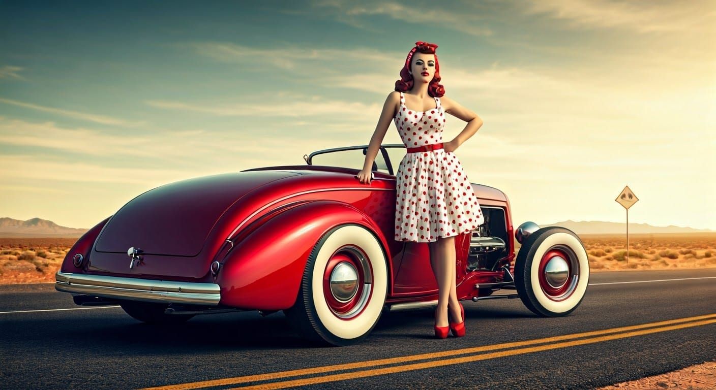 Rockabilly Girl Leans on Vintage Hot Rod in Retro-Style Port...