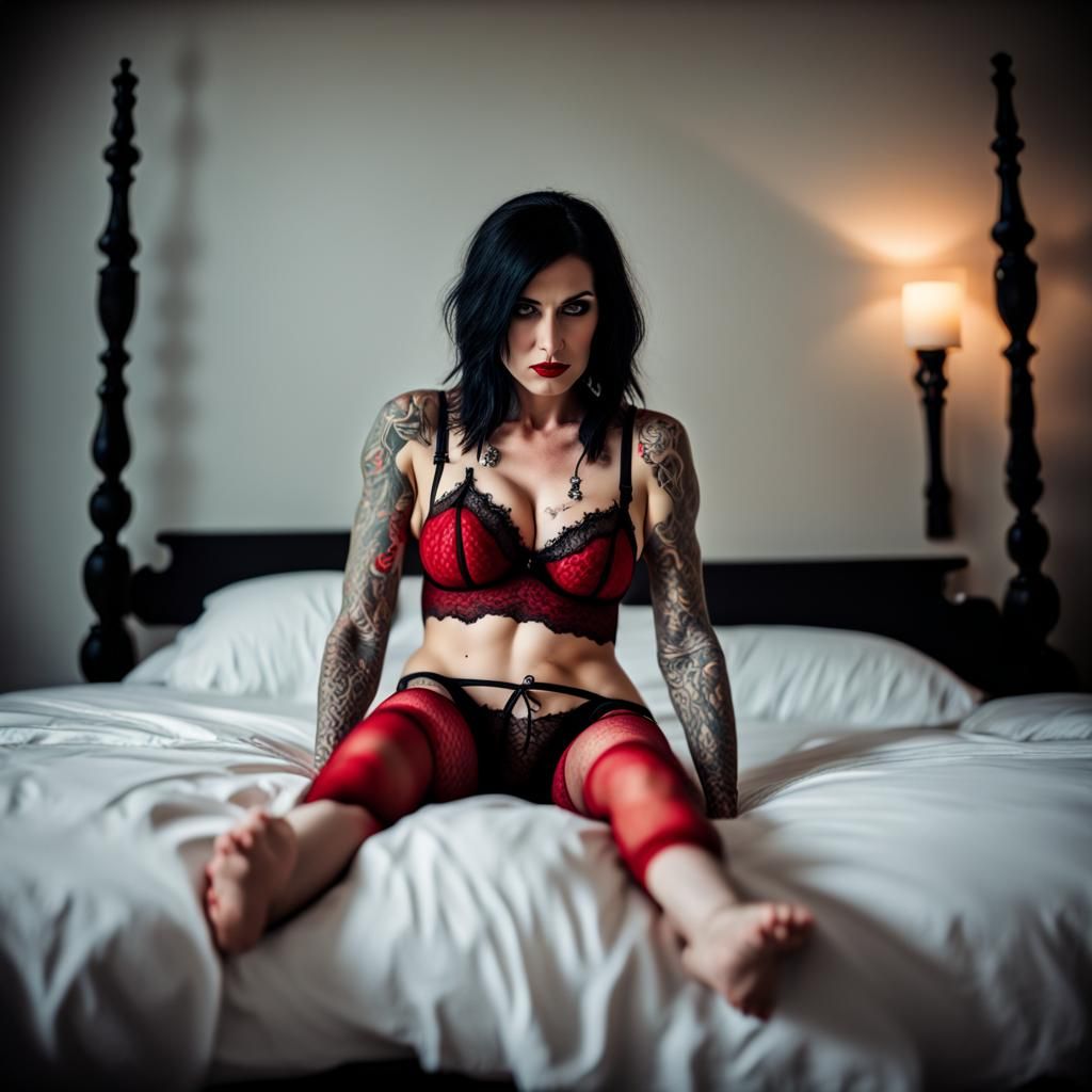 Tattooed Goth Woman in Red Lace: Professional Photography