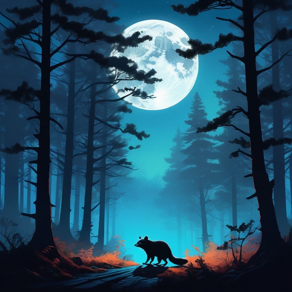 Raccoon Silhouette in Vibrant Moonlit Forest