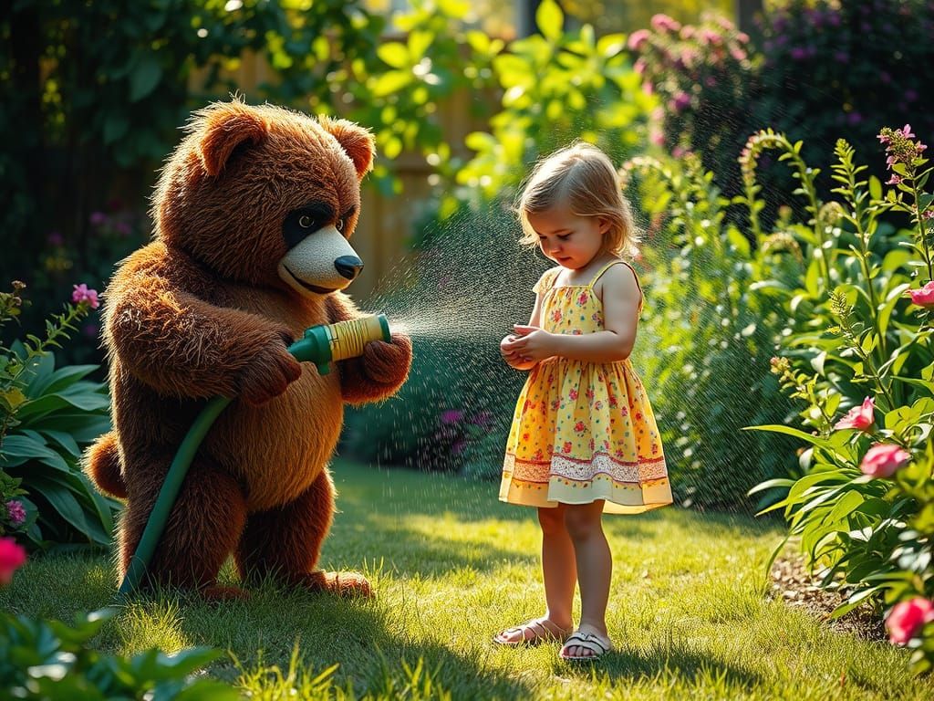 Mischievous Teddy Bear Soaks Girl in Lush Garden