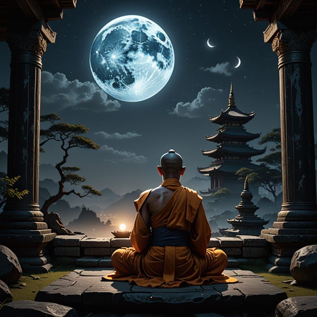 Meditative Buddhist Monk in Moonlit Asian Temple Ruins