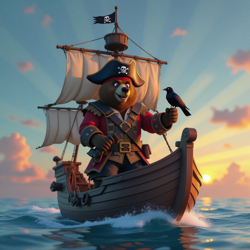 Bear Pirate Sailing Ship in 3D Rendered Style
