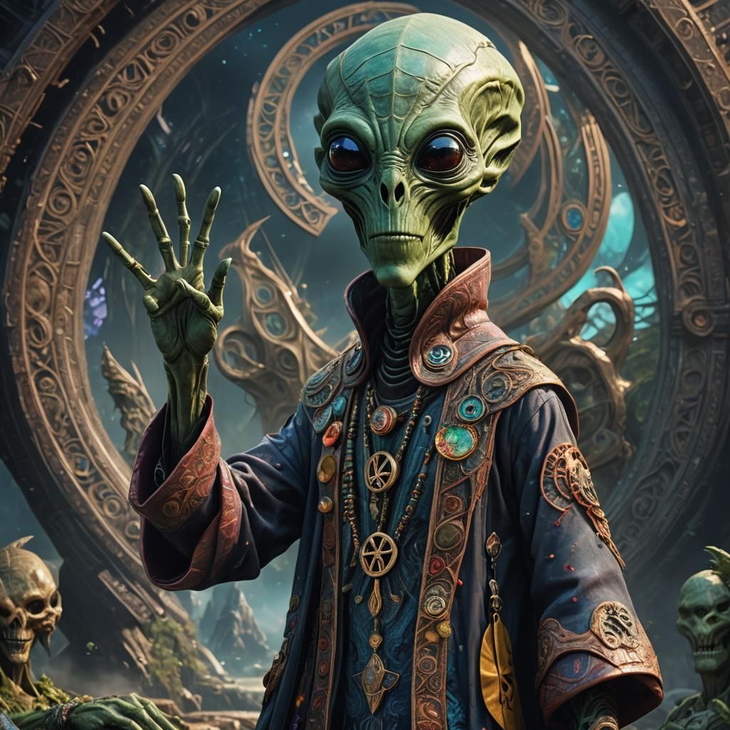 Detailed Alien Holding Peace Sign, Fantasy Art