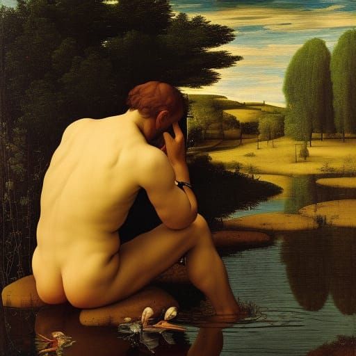 Renaissance Man Contemplates Reflection in Pond