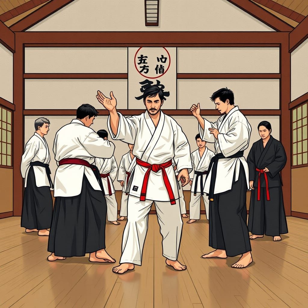 Stylized Dojo with Karate Gear in Japanese Art Style