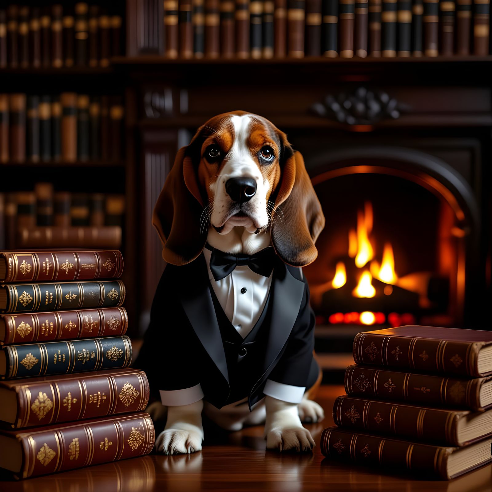Basset Hound in Library, Hyperrealistic Vintage Photo