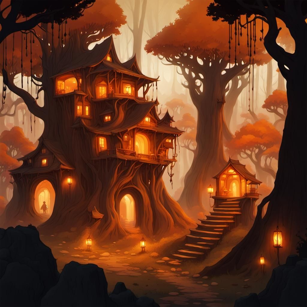 Enchanted Forest with Ancient Tree Houses