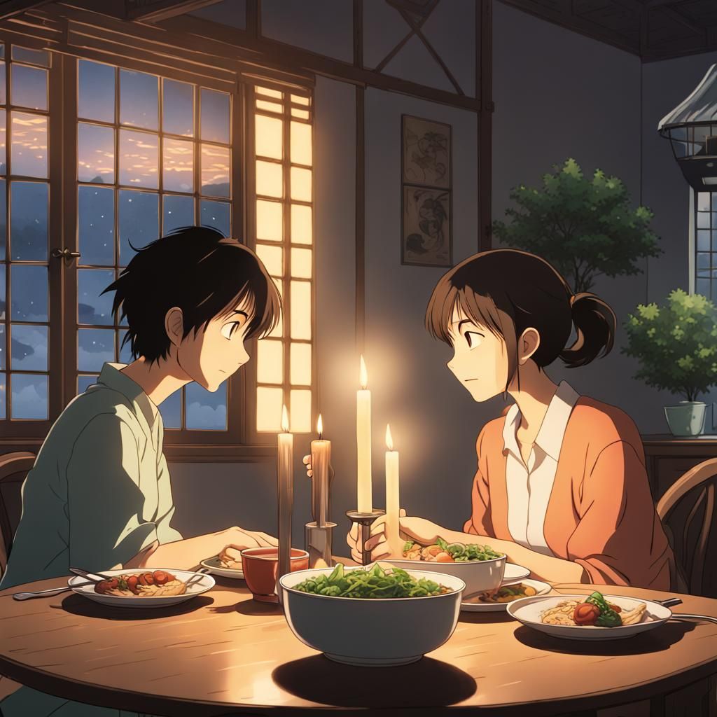 Romantic Candlelit Dinner in Studio Ghibli Style