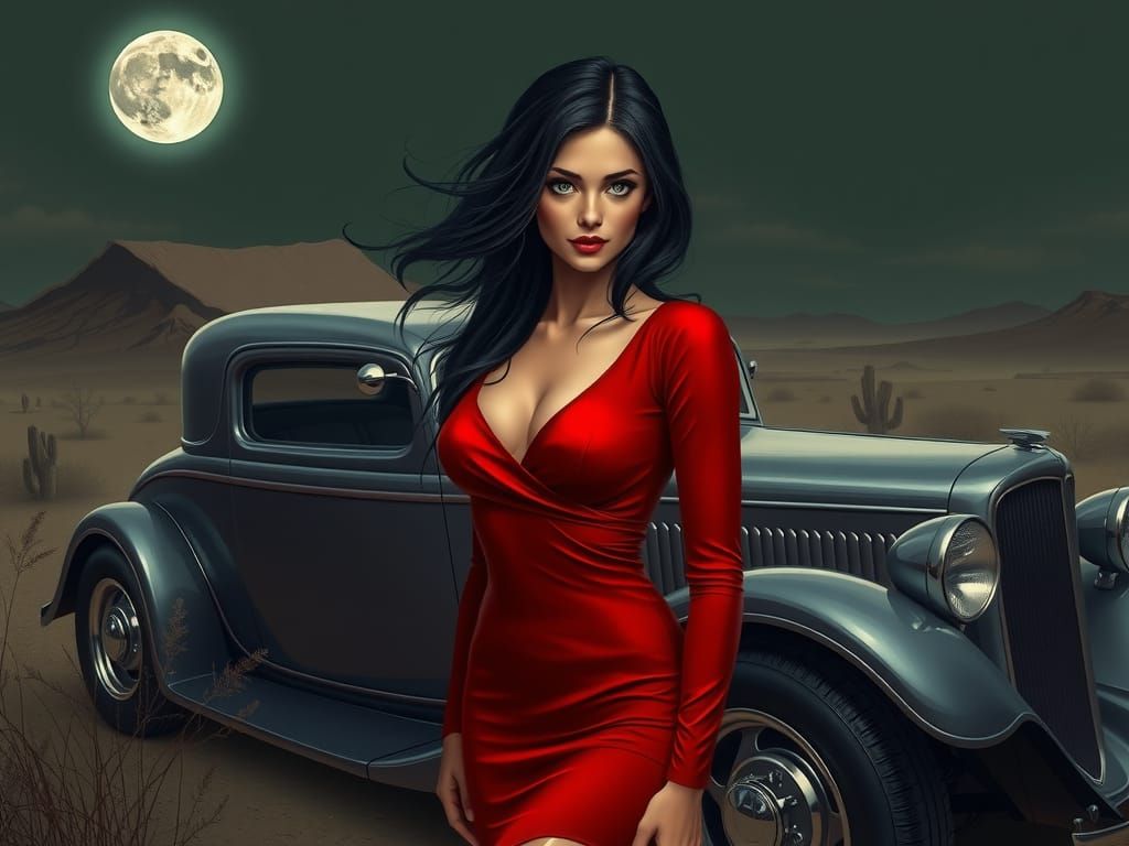 Elegant Woman with 1932 Ford Coupé in Fantasy Landscape