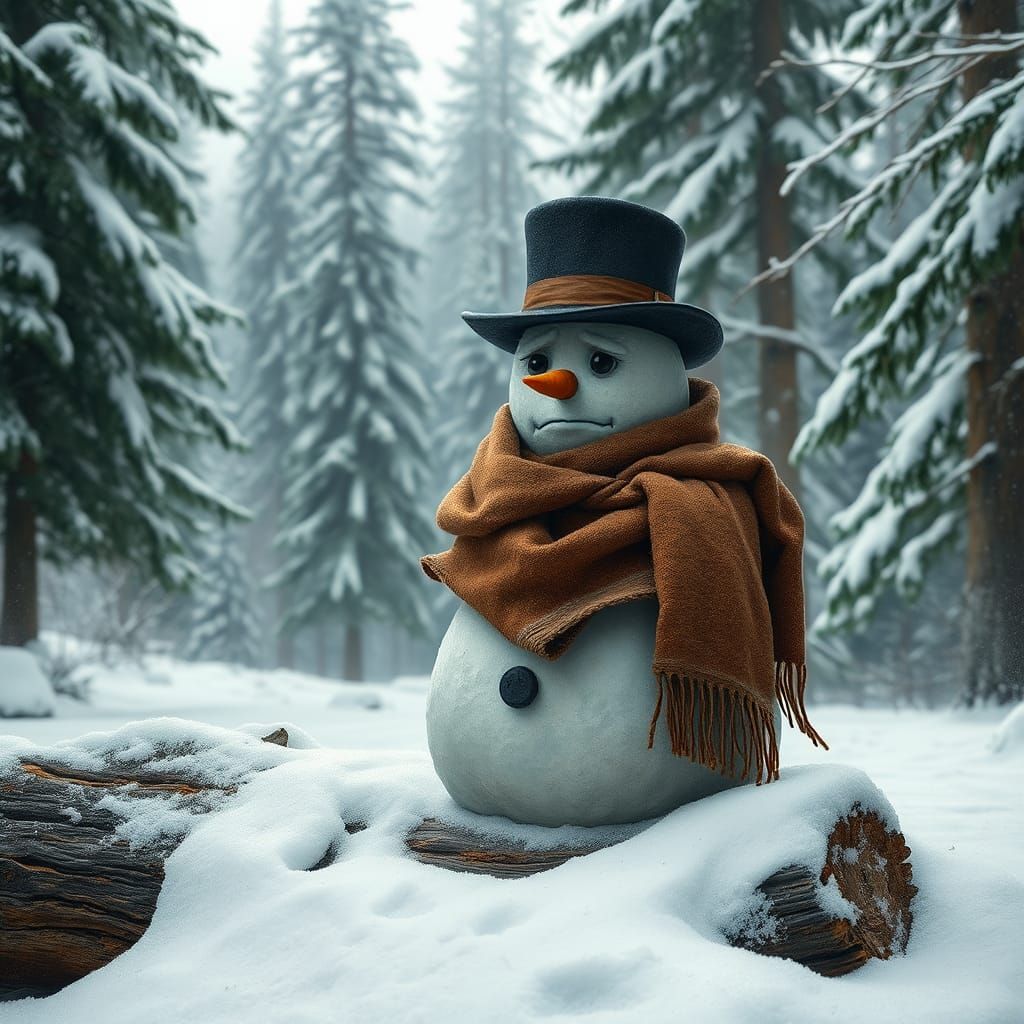 Hyperrealistic Snowman Confronts Winter Chill