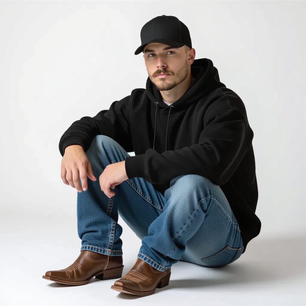 Young Man in Cowboy Boots and Baseball Cap