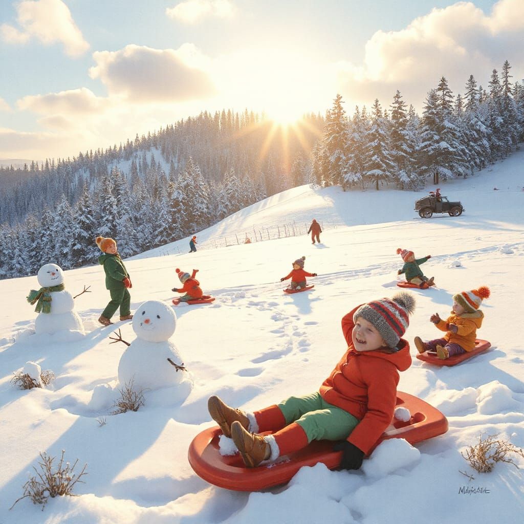 Joyful Children Play in Whimsical Snowy Winter Landscape