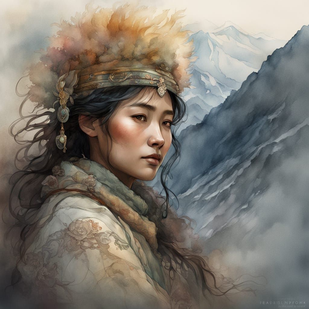 Ethereal Mongolian Woman Rides Horse Through Misty Mountains