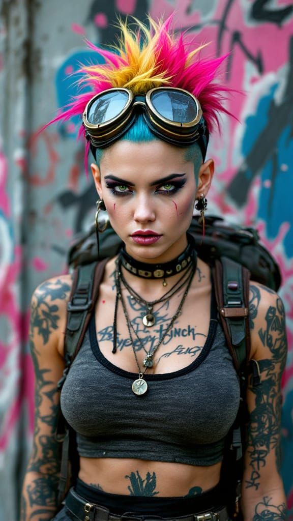 Punk Woman with Mohawk in Grungy Urban Setting