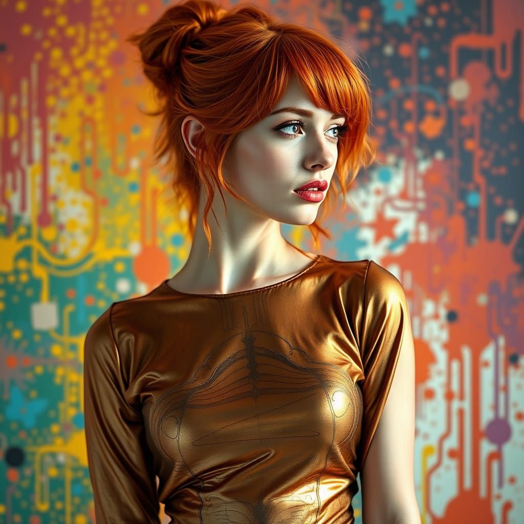 Redhead in Bronze Dress: Hyperrealistic Splash Art