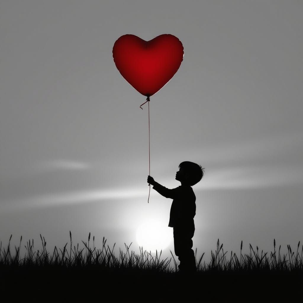 Boy with Heart Balloon Silhouette in Kiefer Style