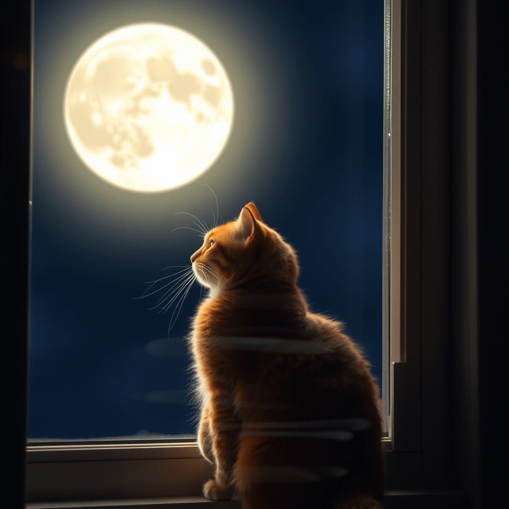 Orange Cat Gazes at Full Moon in Double Exposure Photo
