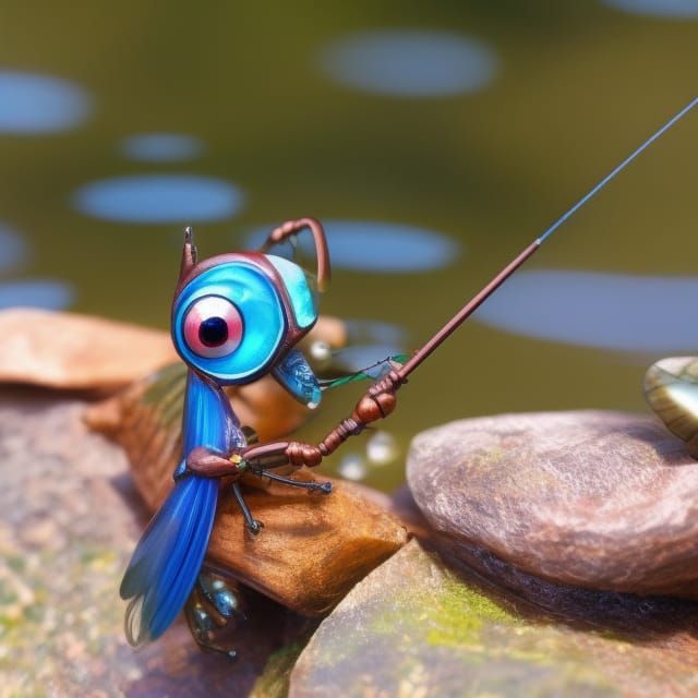 Cartoon Insect Fly Fishing by a Pond in 3D