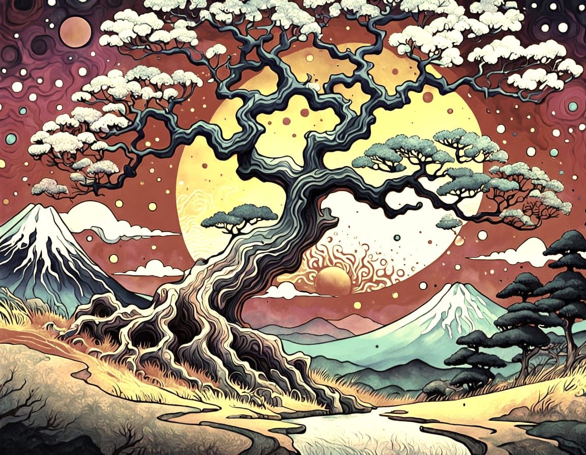 Psychedelic Old Tree Illustration with Japanese Ink Style