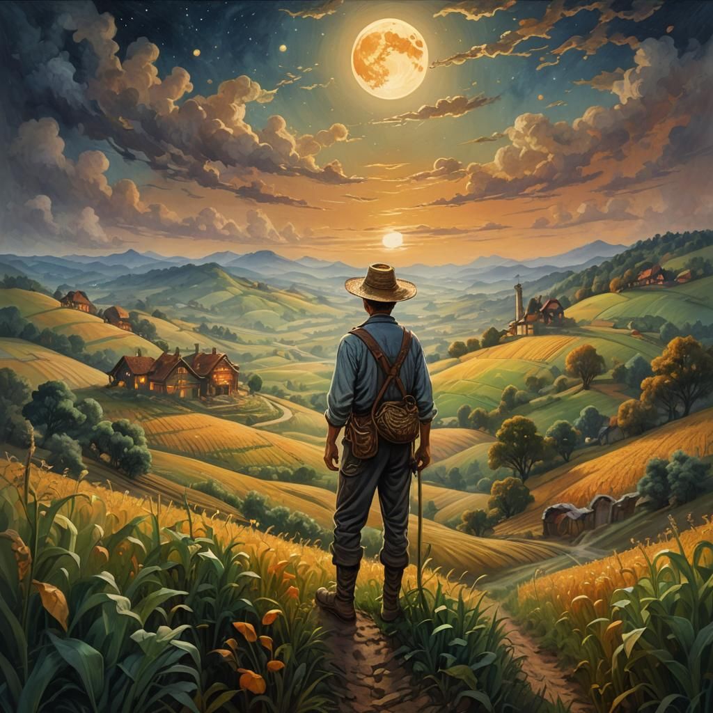 Magical Farmer Under Harvest Moon in Digital Painting Style