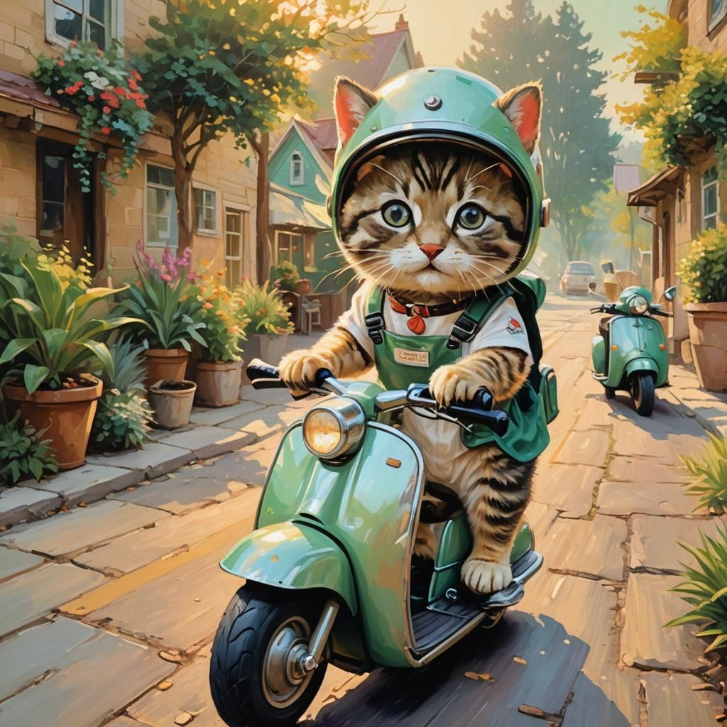 Baby Cat and Wolf Scooter Ride in Oil Painting Style