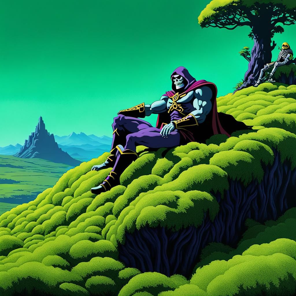 Skeletor relaxing on hill, Moss_Green_Color Palette, Masters of the Universe, MOTU