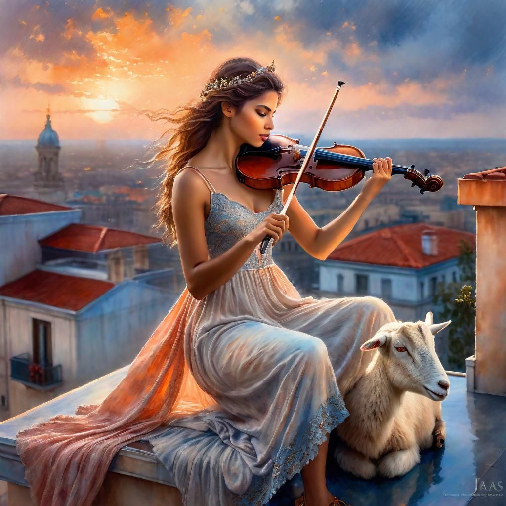 Dreamy Rooftop Violinist with Goat, Watercolor Style