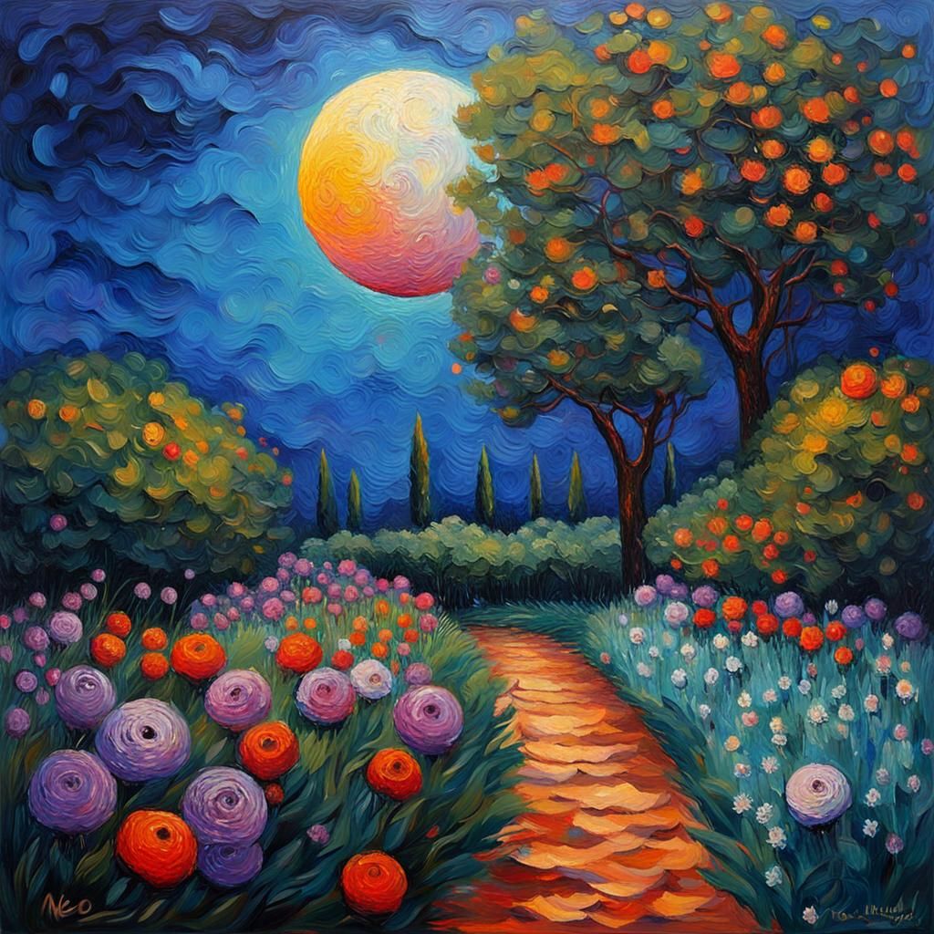 Moonlit Garden in Neo-Impressionist Oil Painting Style