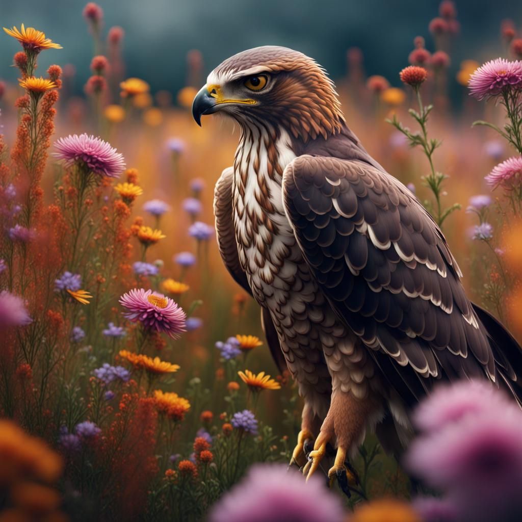 Hawk in Wildflower Field: Detailed Matte Painting