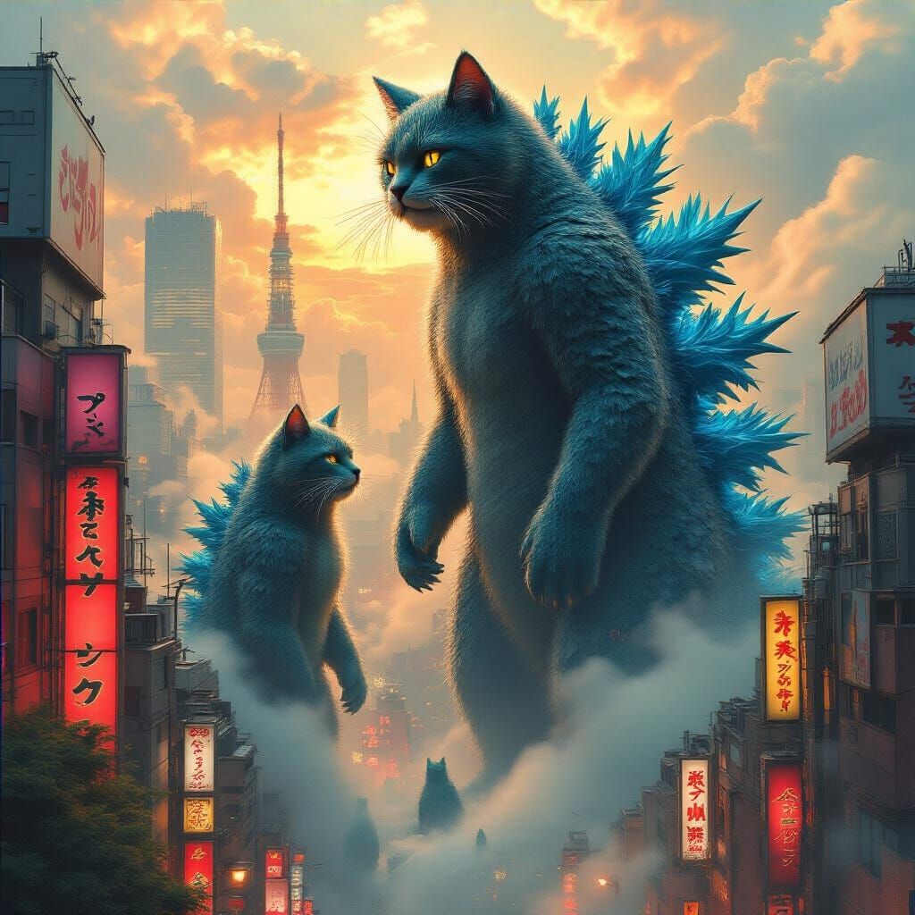 Giant Iridescent Cats Destroy Tokyo: A Fantastical Scene