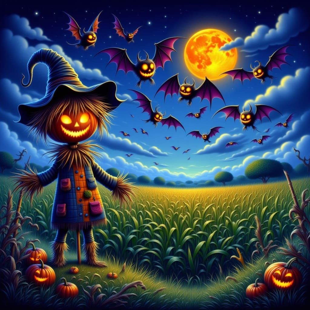 Whimsical Pumpkin-Bats Fly Over Scarecrow in Moonlit Cornfie...