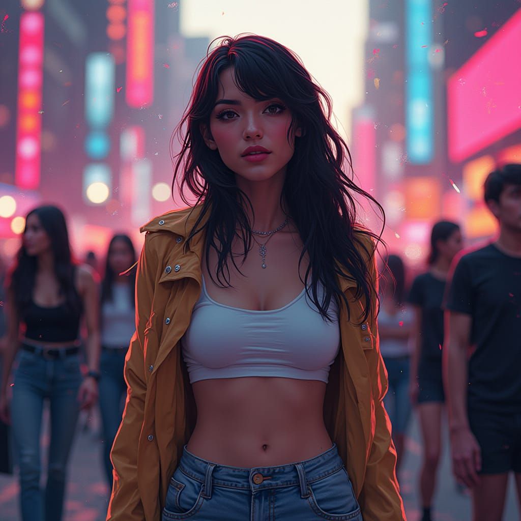Woman in Crowded City with Neon Colors
