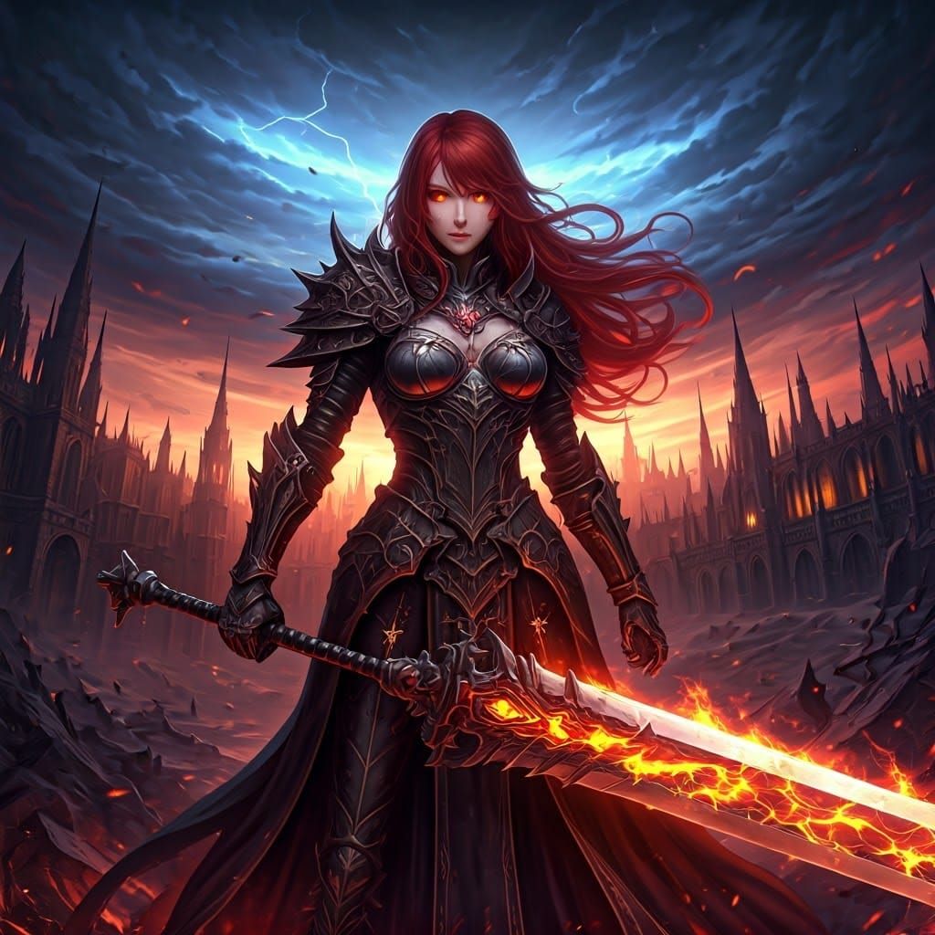 Fiery Warrior Woman in Gothic Cyberpunk Cityscape